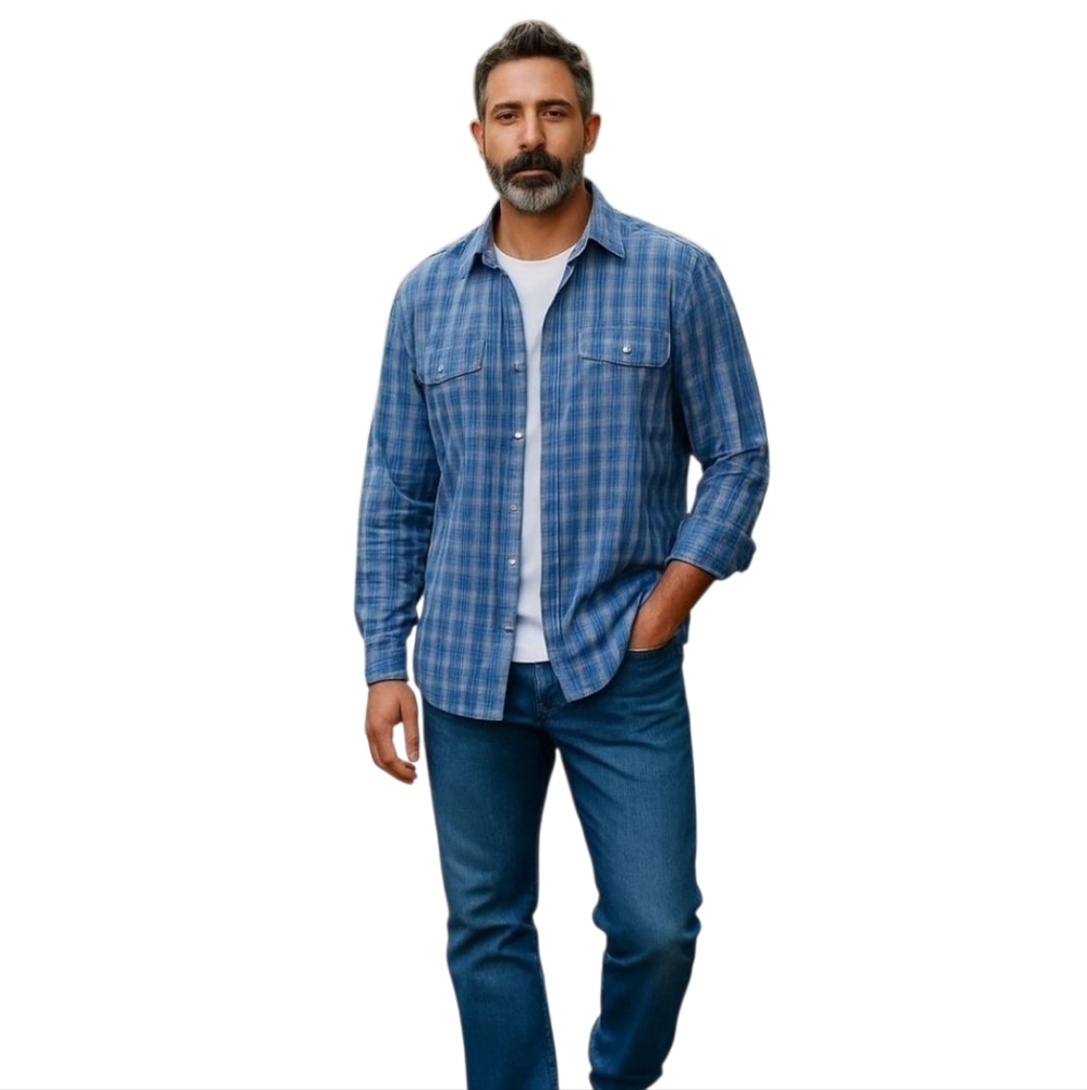 Perry Ellis Blue Plaid Button Down Roll Tab Long Sleeves Casual Shirt Size XXL